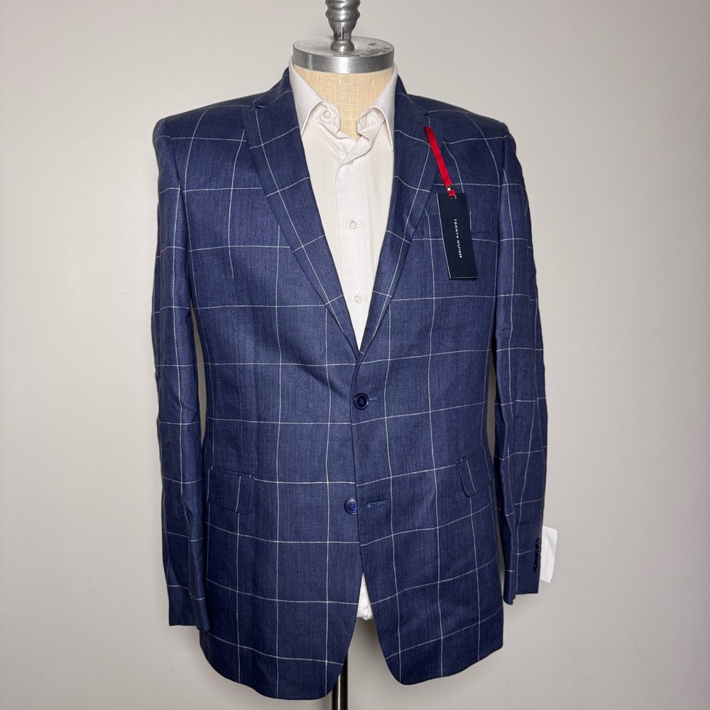 Tommy Hilfiger Blazer Mens 44L Navy White Windowpane Linen Blend Trevor Jacket